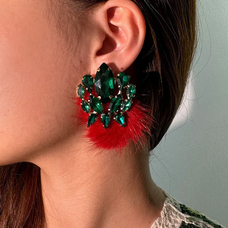 Wholesale Plush Ball Colorful Rhinestone Earrings