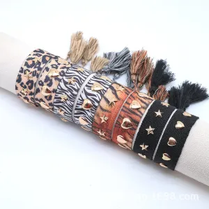 Wholesale Polyester Cord Weaving Leopard Print Love Letter Embroidery Tassel Bracelet