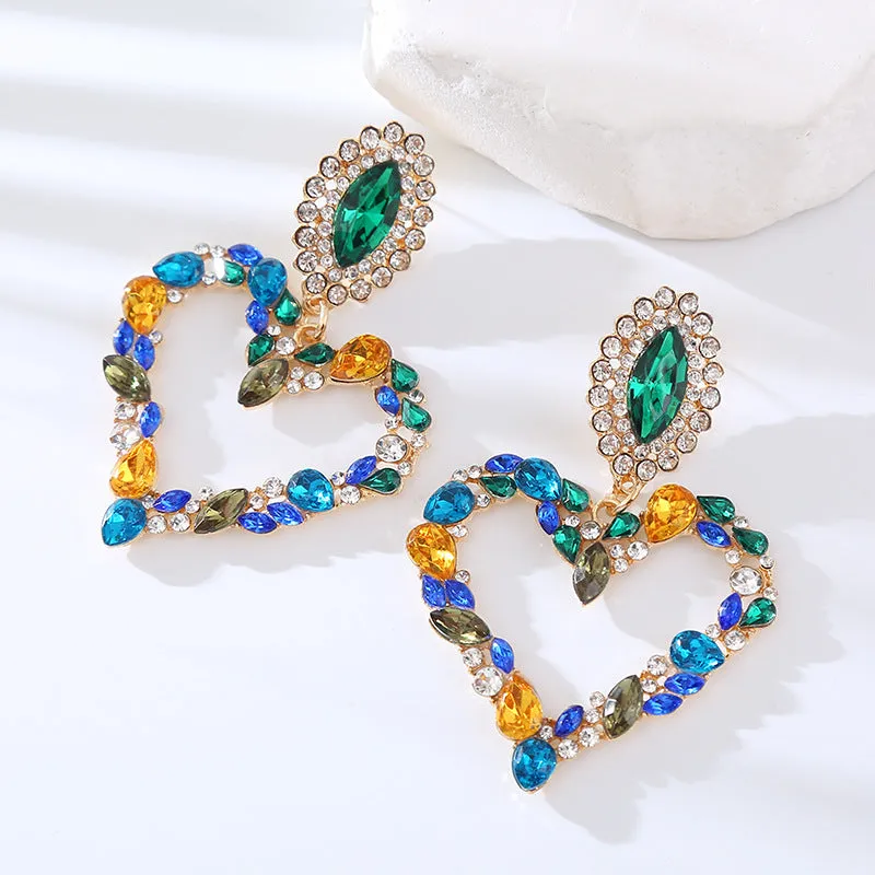 Wholesale Popular Heart-shaped Alloy Inlaid with Colored Diamonds Retro Temperament Exaggerated Super Shiny Full Diamond Earrings