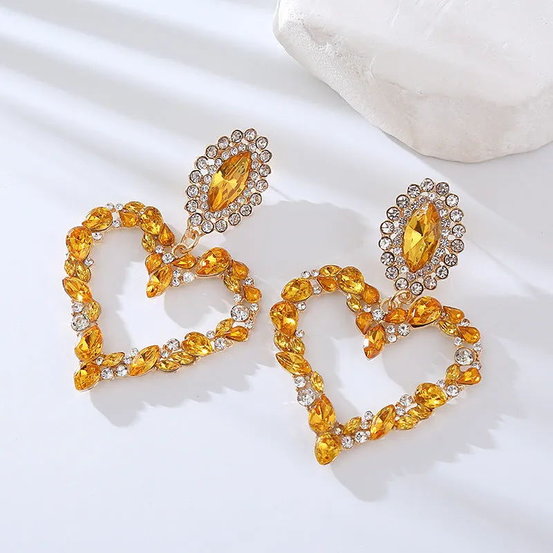 Wholesale Popular Heart-shaped Alloy Inlaid with Colored Diamonds Retro Temperament Exaggerated Super Shiny Full Diamond Earrings
