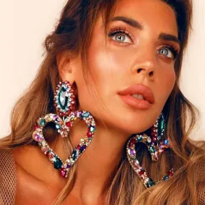 Wholesale Popular Heart-shaped Alloy Inlaid with Colored Diamonds Retro Temperament Exaggerated Super Shiny Full Diamond Earrings