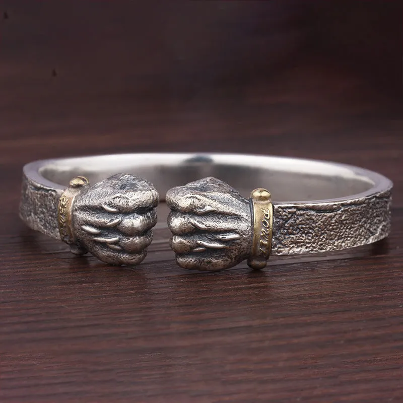 Wholesale powerful holding Silver Bracelet  personality retro solid Open Fist Power boxing bracelet