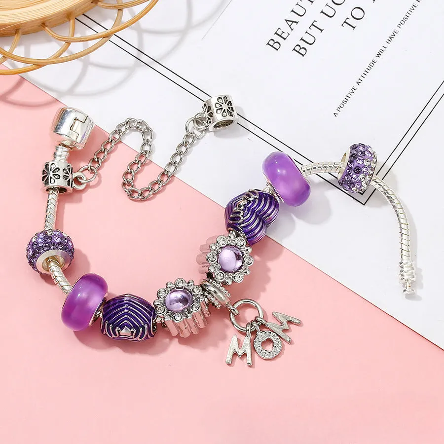 Wholesale Purple MOM Heart Shape Beads Silver Alloy Bracelet