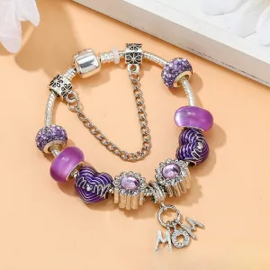 Wholesale Purple MOM Heart Shape Beads Silver Alloy Bracelet
