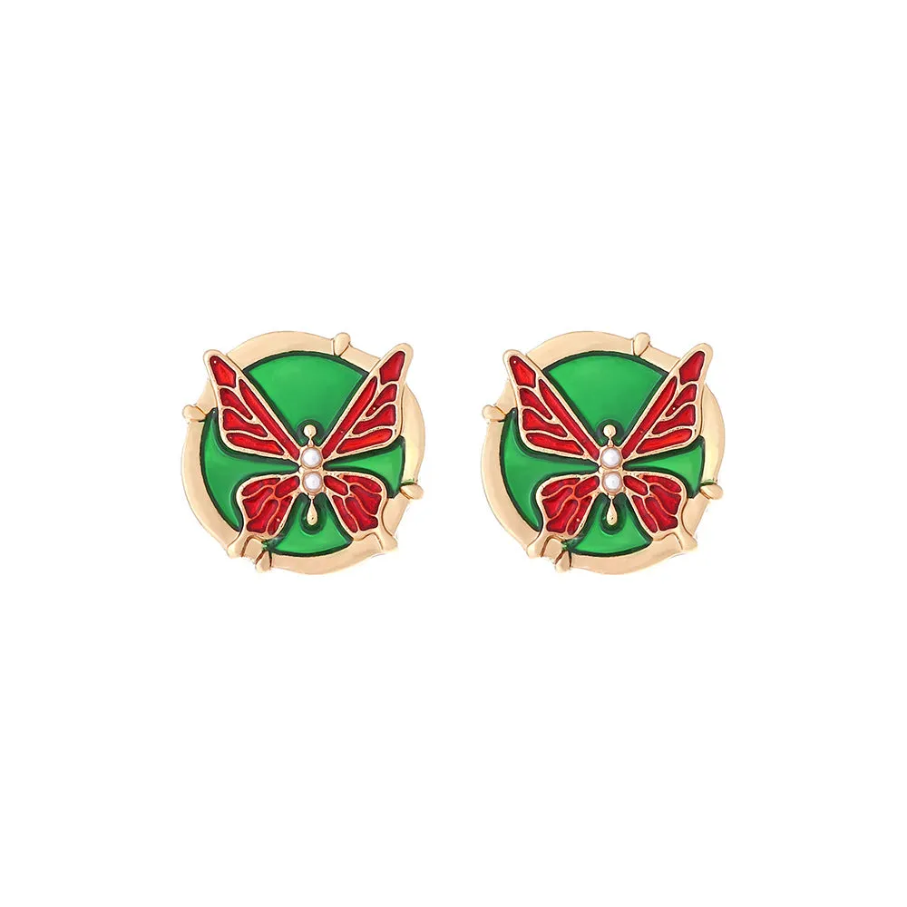 Wholesale Purple Oil Dropping Butterfly Alloy Earrings