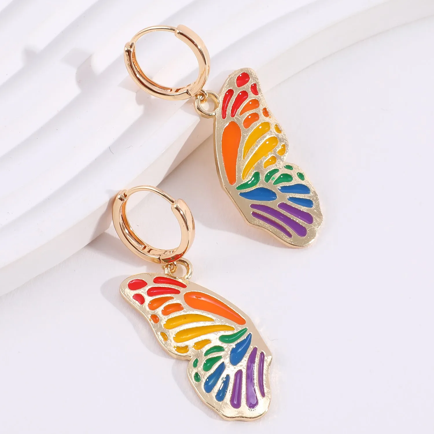 Wholesale Rainbow Alloy Love Peace Symbol Butterfly Wing Earrings