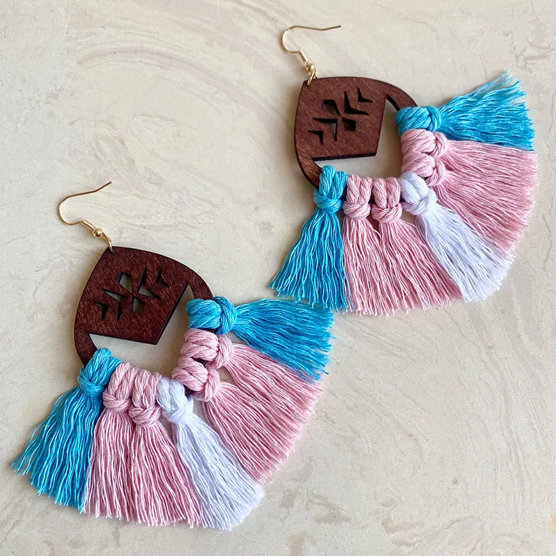 Wholesale Rainbow Chess Bohemian Tassel Hand Braided Earrings