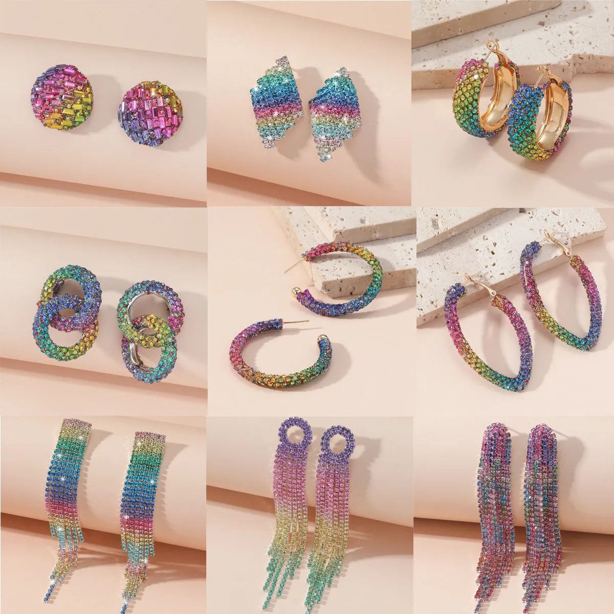 Wholesale Rainbow Colored with Diamonds Blingbling Alloy Earrings