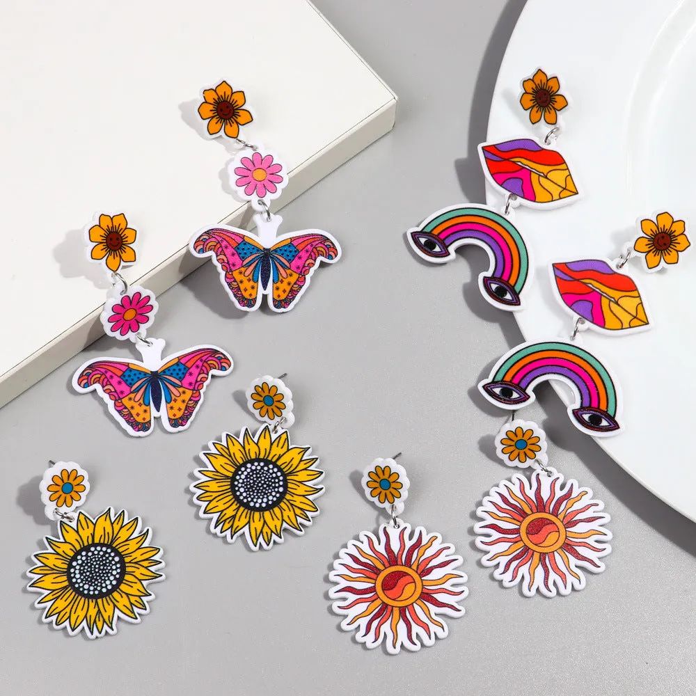 Wholesale Rainbow Print Colorful Butterfly Sunflower Acrylic Earrings