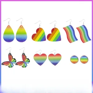 Wholesale Rainbow Stripe Love Butterfly Drop Leather Earrings