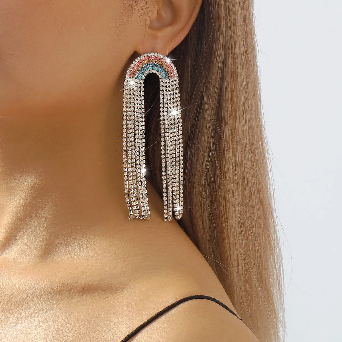 Wholesale Rainbow Tassel Pride Month Exaggerated Full Diamond Long Earrings