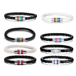 Wholesale Rainbow Woven Titanium Steel PU Leather Bracelet
