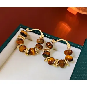 Wholesale Real Gold Electroplating Autumn and Winter Retro Fashion Temperament High-end Round Tiger Eye Stone Earrings