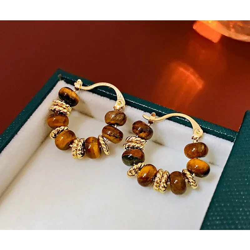Wholesale Real Gold Electroplating Autumn and Winter Retro Fashion Temperament High-end Round Tiger Eye Stone Earrings