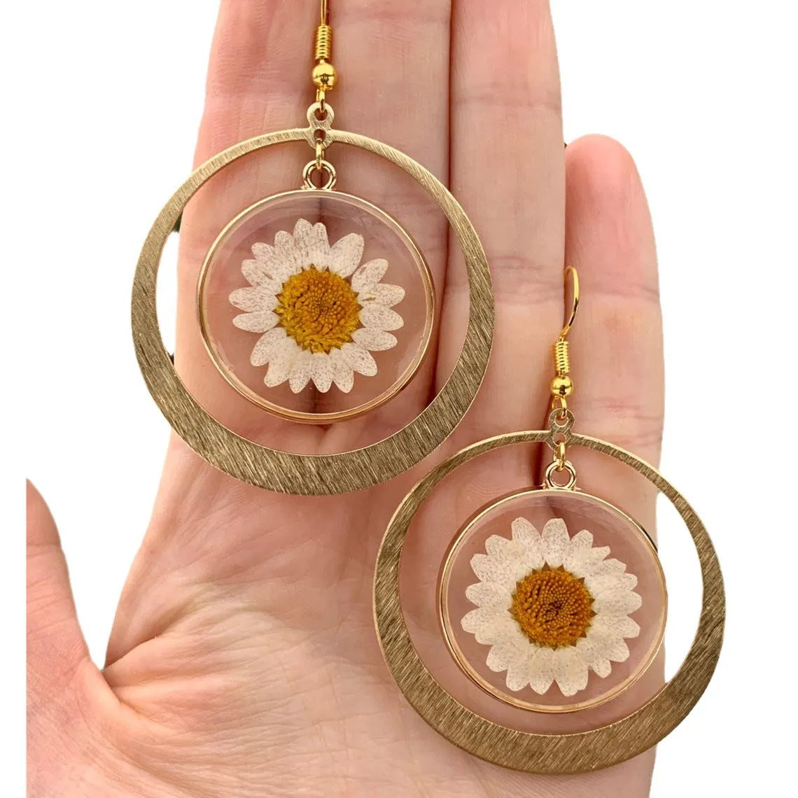 Wholesale Real Pressed Daisy Flower Gold Brass Earrings