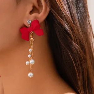 Wholesale red bow earrings imitate the pearl tassel earrings
