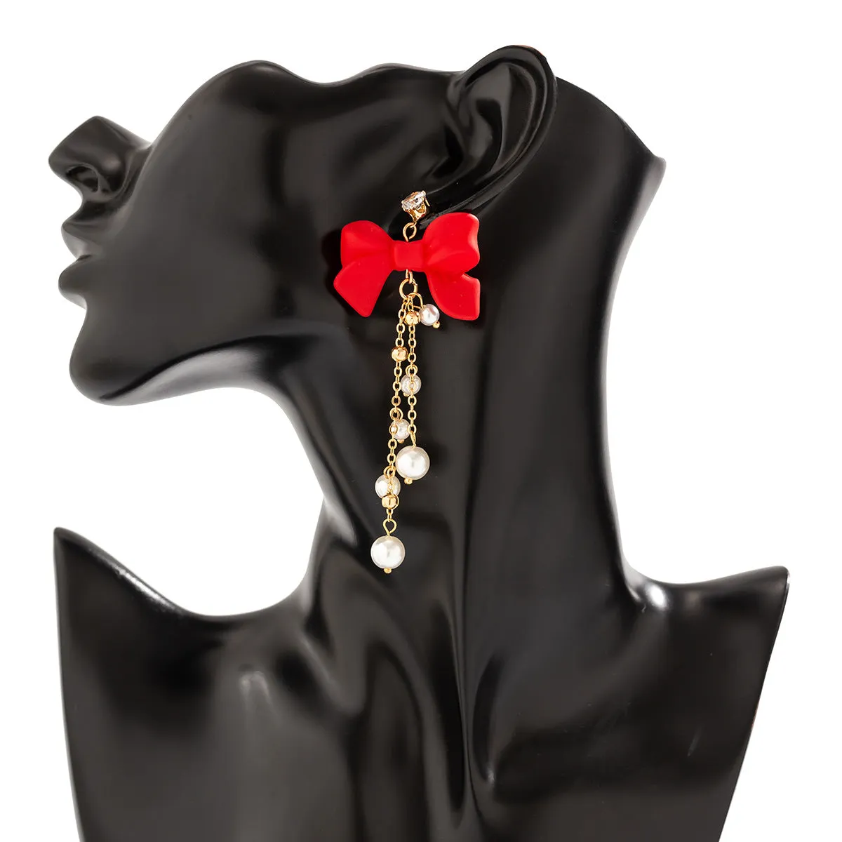 Wholesale red bow earrings imitate the pearl tassel earrings