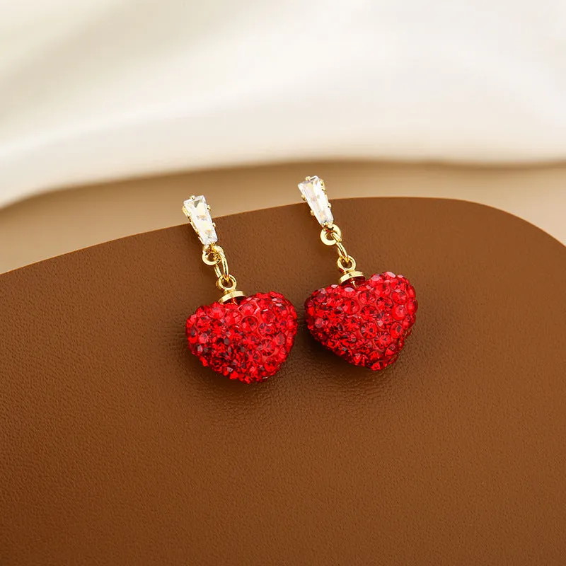 Wholesale Red Full Diamond Heart-shaped Titanium Steel Earrings