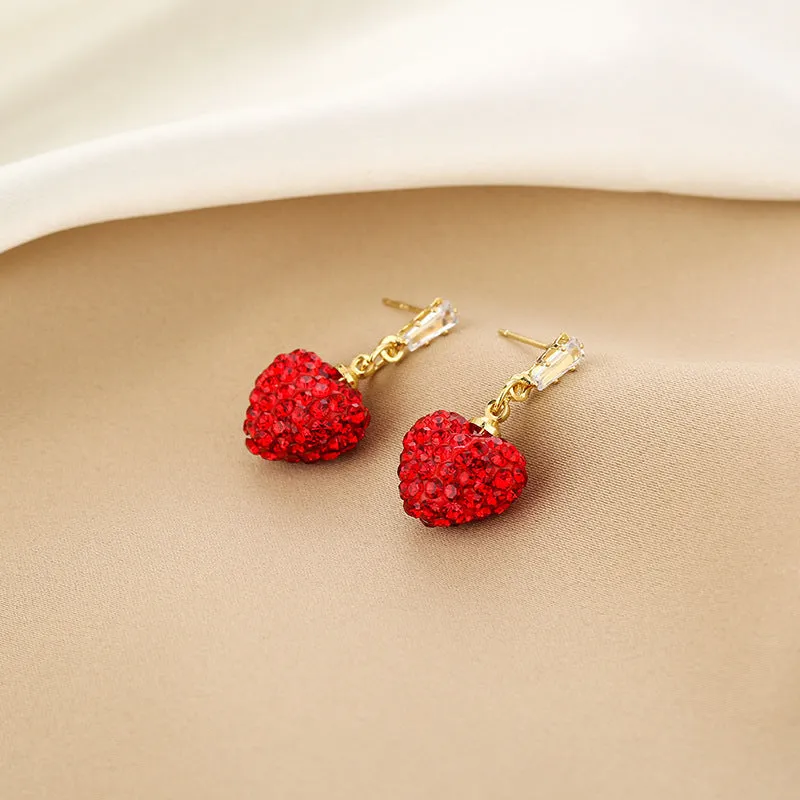 Wholesale Red Full Diamond Heart-shaped Titanium Steel Earrings