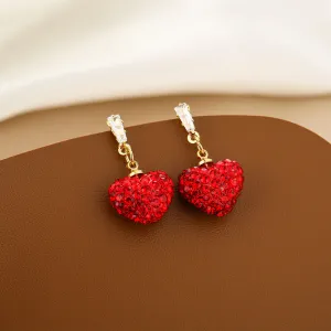 Wholesale Red Full Diamond Heart-shaped Titanium Steel Earrings