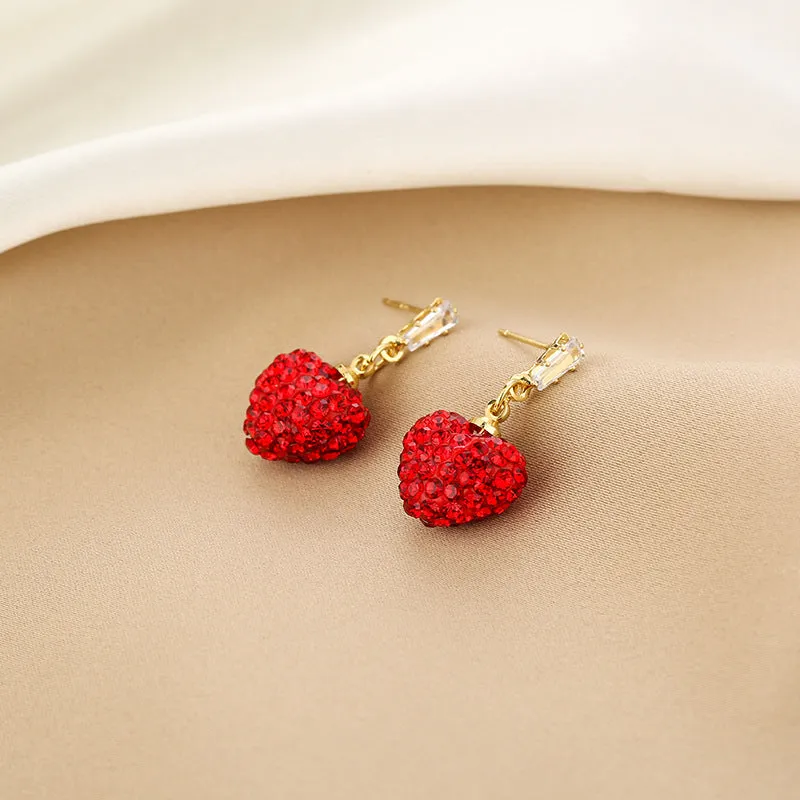Wholesale Red Full Diamond Heart-shaped Titanium Steel Earrings