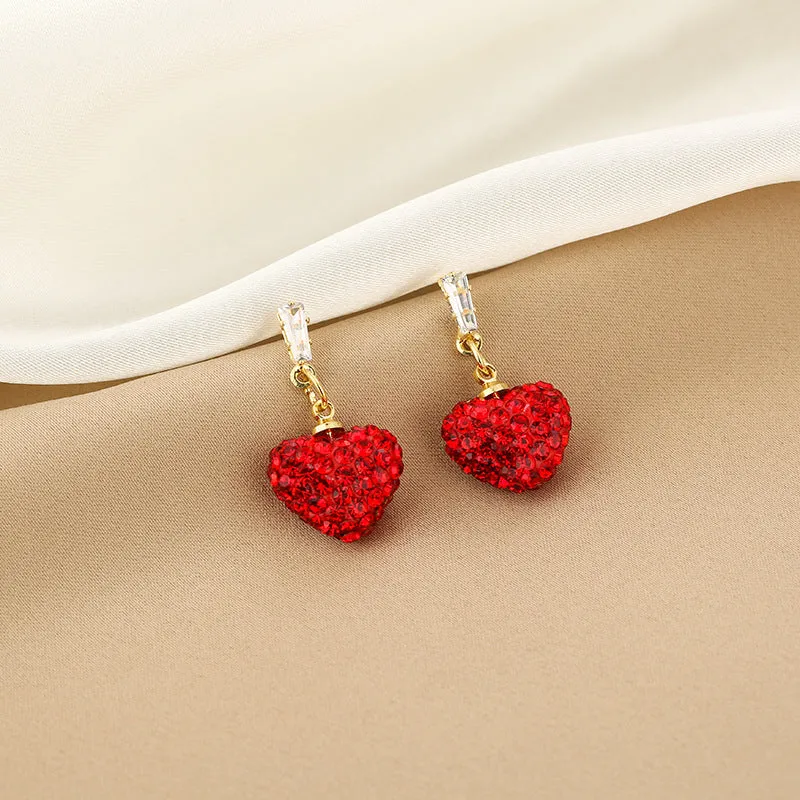 Wholesale Red Full Diamond Heart-shaped Titanium Steel Earrings