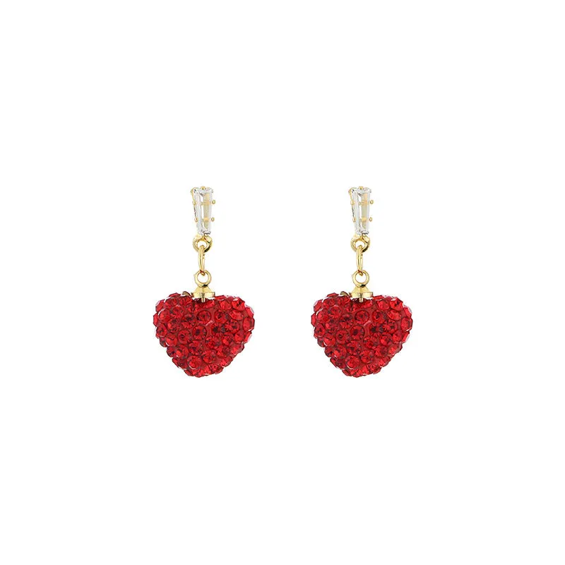 Wholesale Red Full Diamond Heart-shaped Titanium Steel Earrings