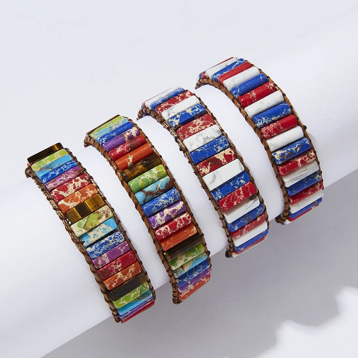 Wholesale Red White and Blue Imperial Stone Hand Woven Adjustable Bracelet