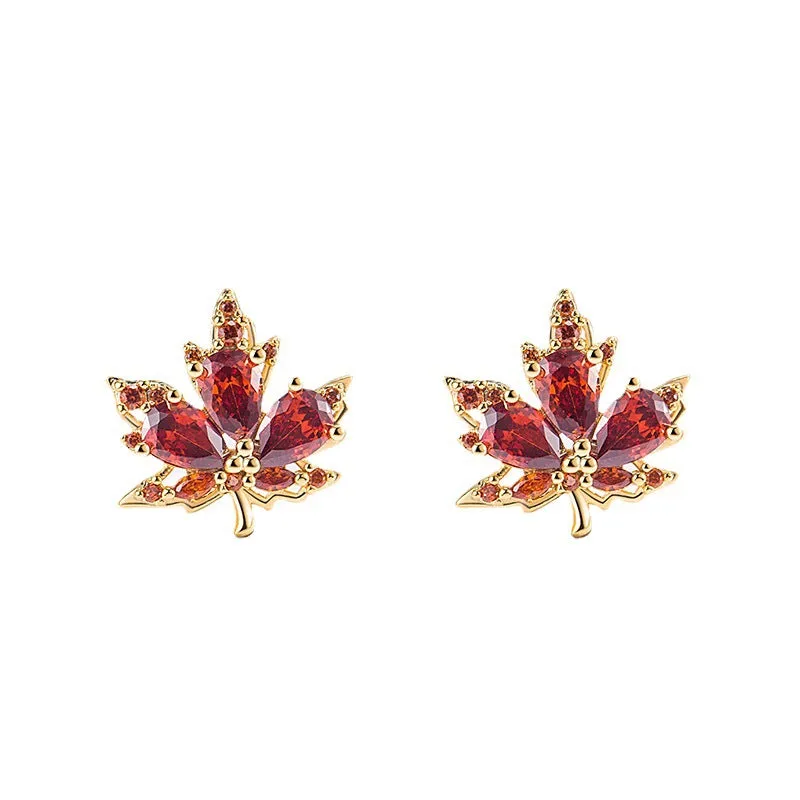 Wholesale Red Zircon Maple Leaf Copper Earrings