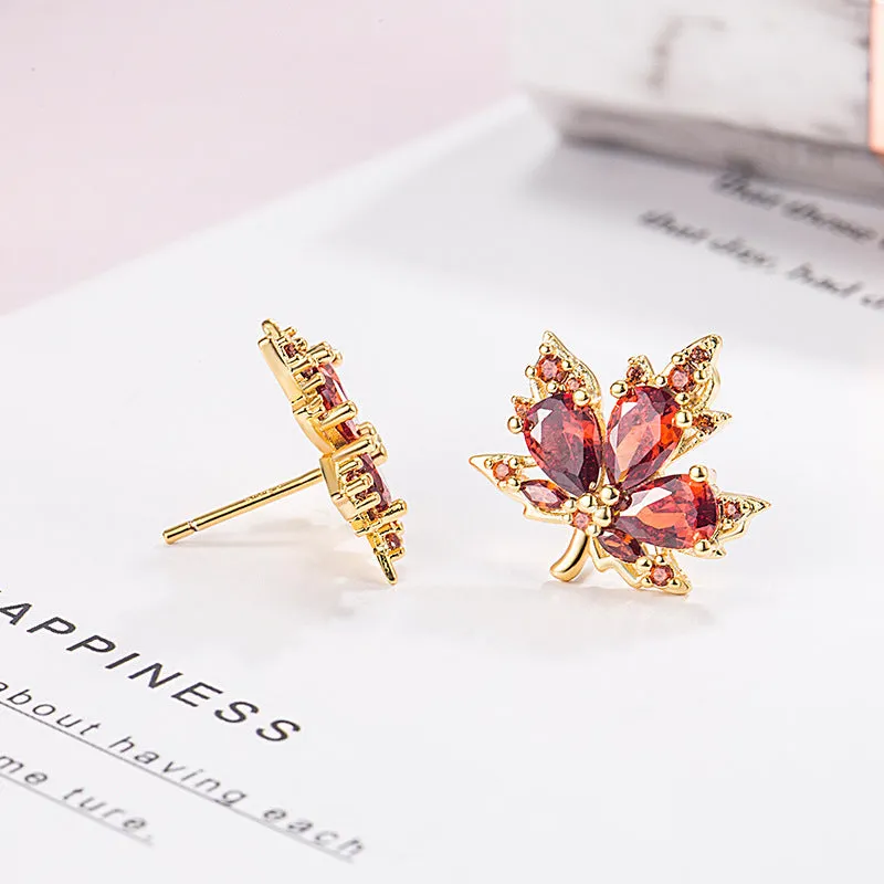 Wholesale Red Zircon Maple Leaf Copper Earrings