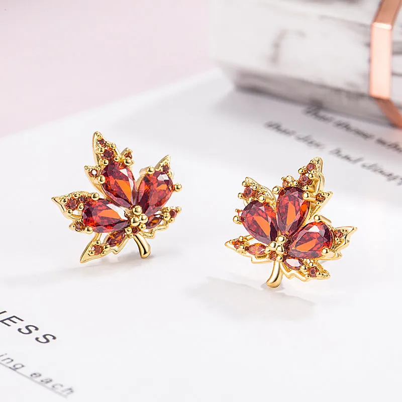 Wholesale Red Zircon Maple Leaf Copper Earrings
