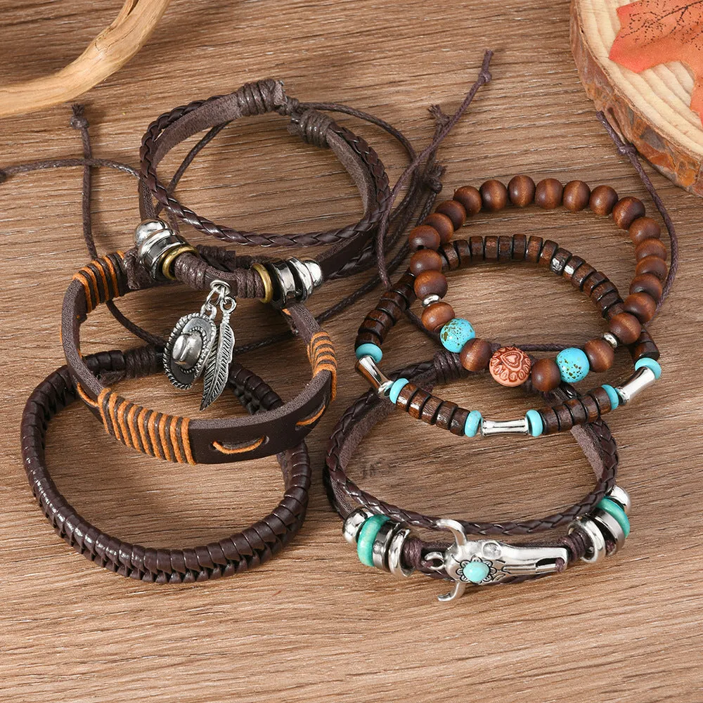Wholesale Retro cowboy hat feather bull head multi-layer elastic rope hand-woven leather bracelet