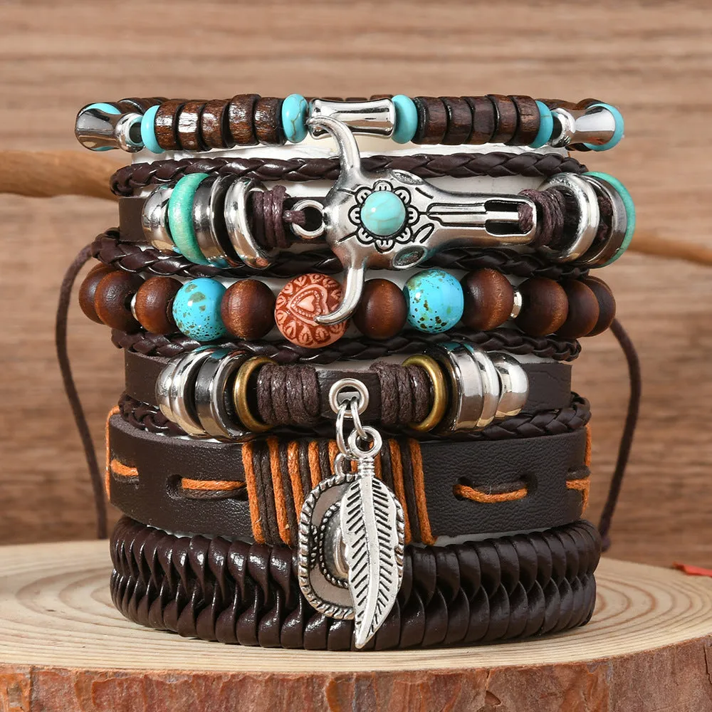Wholesale Retro cowboy hat feather bull head multi-layer elastic rope hand-woven leather bracelet