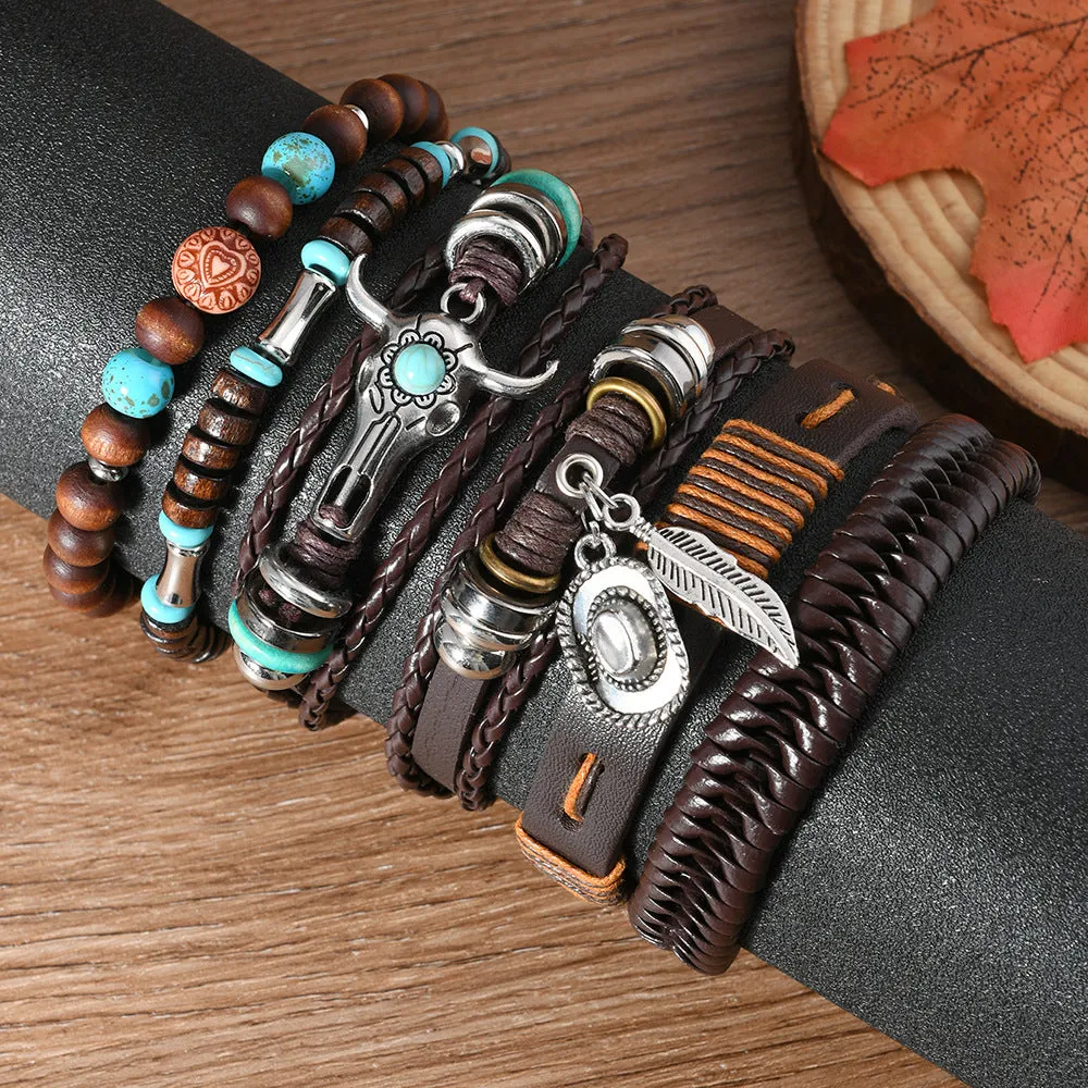Wholesale Retro cowboy hat feather bull head multi-layer elastic rope hand-woven leather bracelet