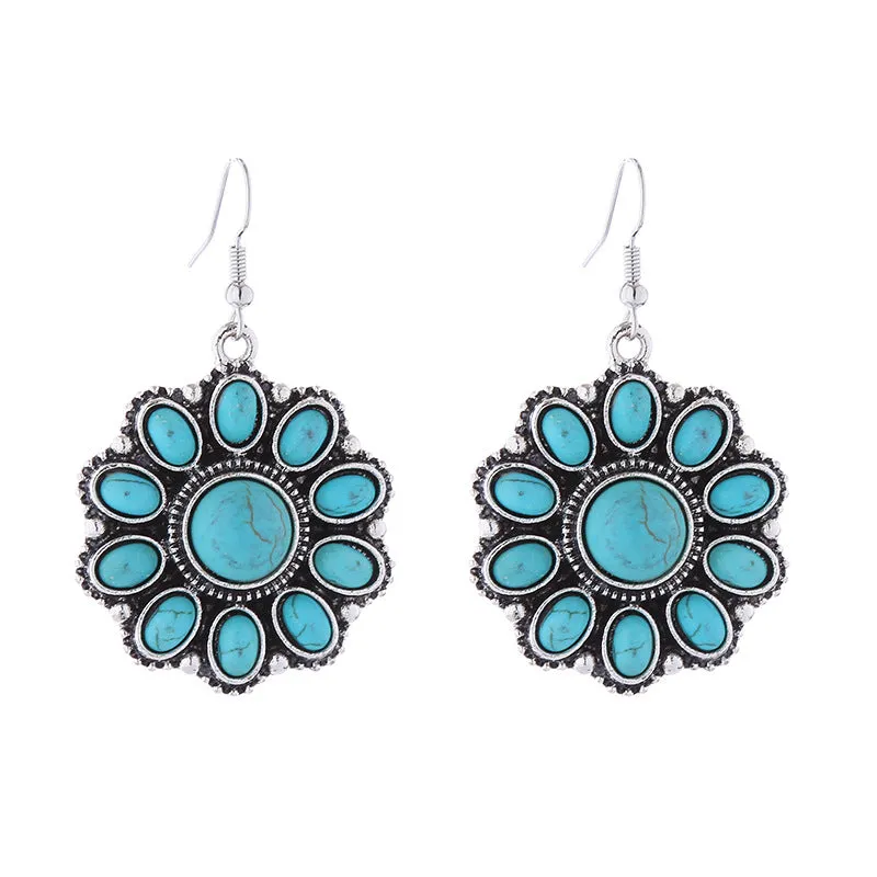 Wholesale Retro Ethnic Style Alloy Inlaid White Turquoise Round Earrings