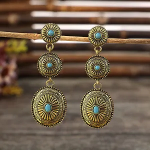 Wholesale Retro Ethnic Style Golden Pumpkin Flower Inlaid Turquoise Long Alloy Earrings