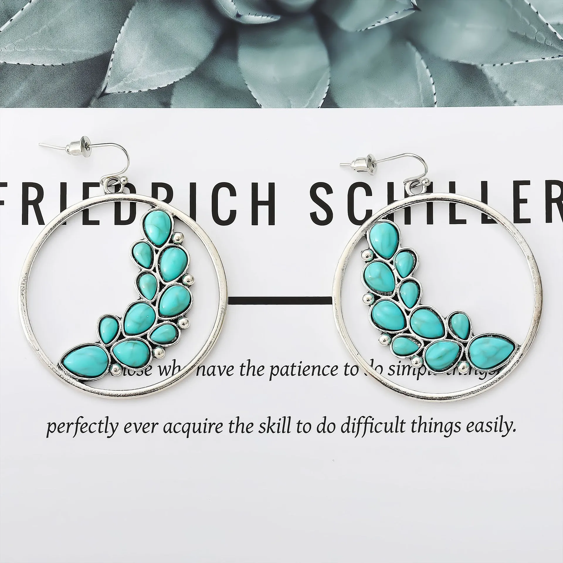 Wholesale Retro exaggerated big circle leaf turquoise earrings