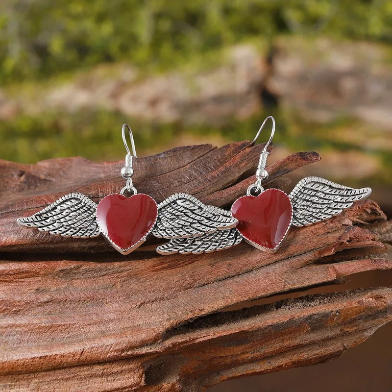 Wholesale Retro Gothic Style Peach Heart Wings Personality Niche Design Oil Drop Heart Wings Earrings