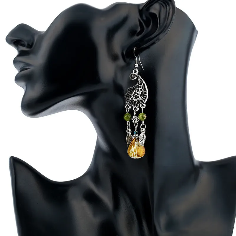 Wholesale retro hollow carved leaves tassel earrings