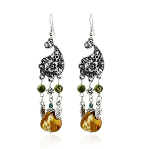 Wholesale retro hollow carved leaves tassel earrings