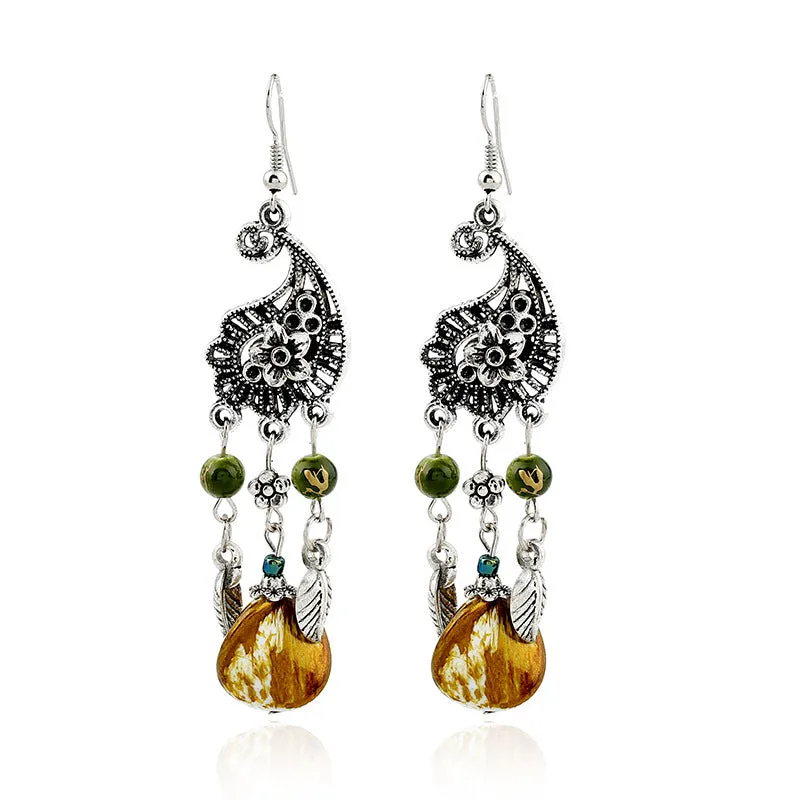 Wholesale retro hollow carved leaves tassel earrings
