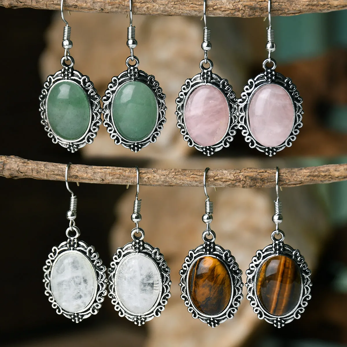 Wholesale retro hollow crystal natural stone pendant earrings