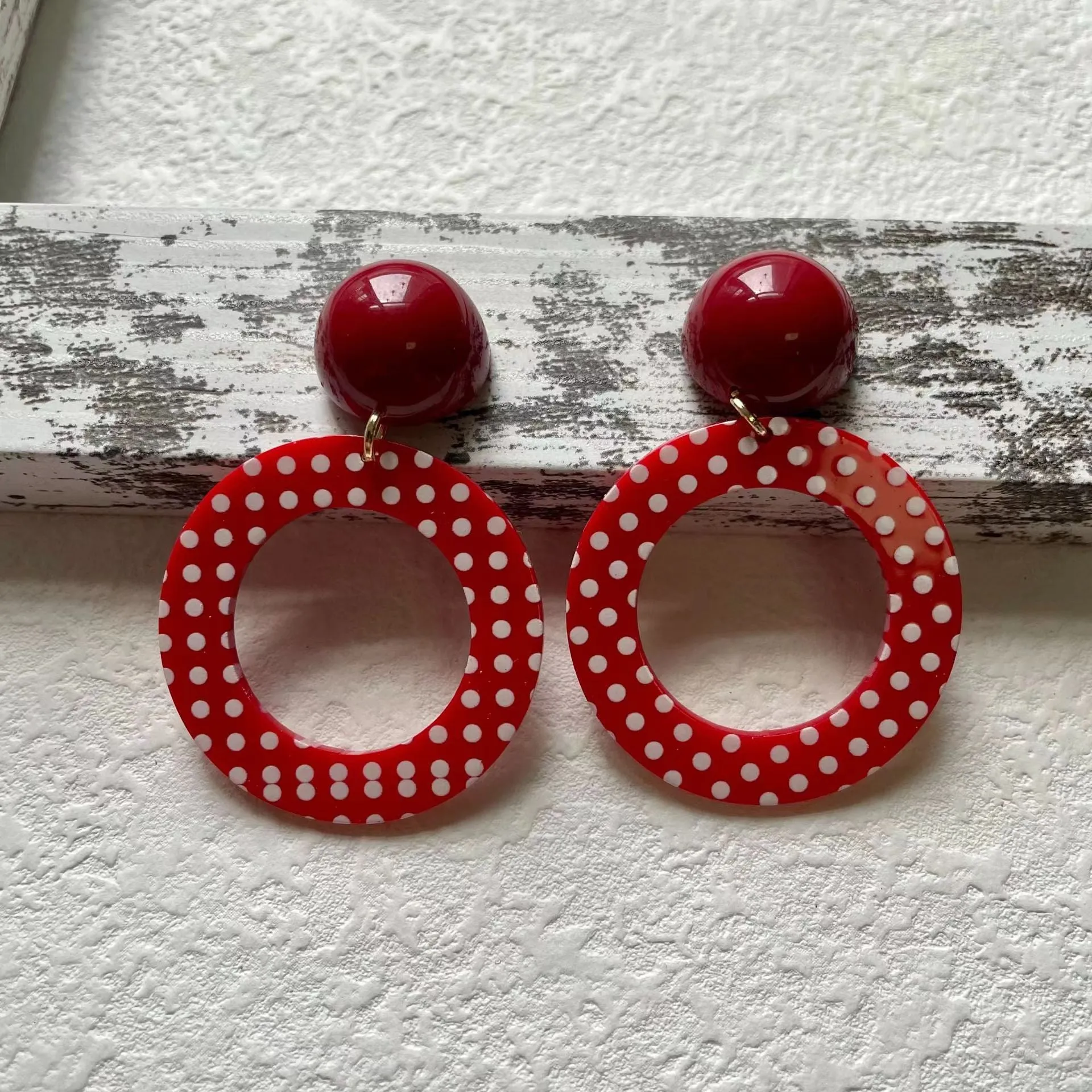 Wholesale Retro Hong Kong style red exaggerated polka dot large hoop earrings