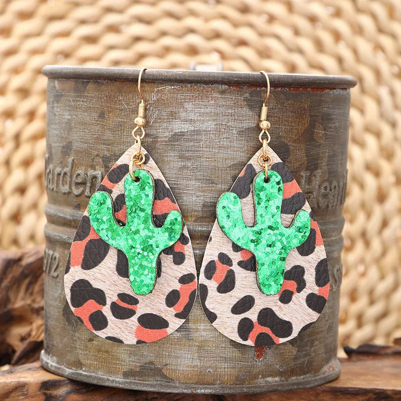 Wholesale Retro Leopard Drop Shape Cactus Earrings