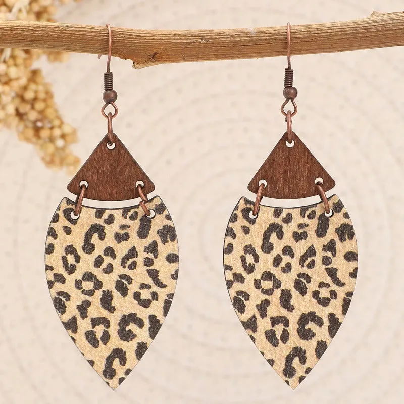 Wholesale Retro Leopard Leaf Splicing Woodblock Fashion Exaggerated Earrings