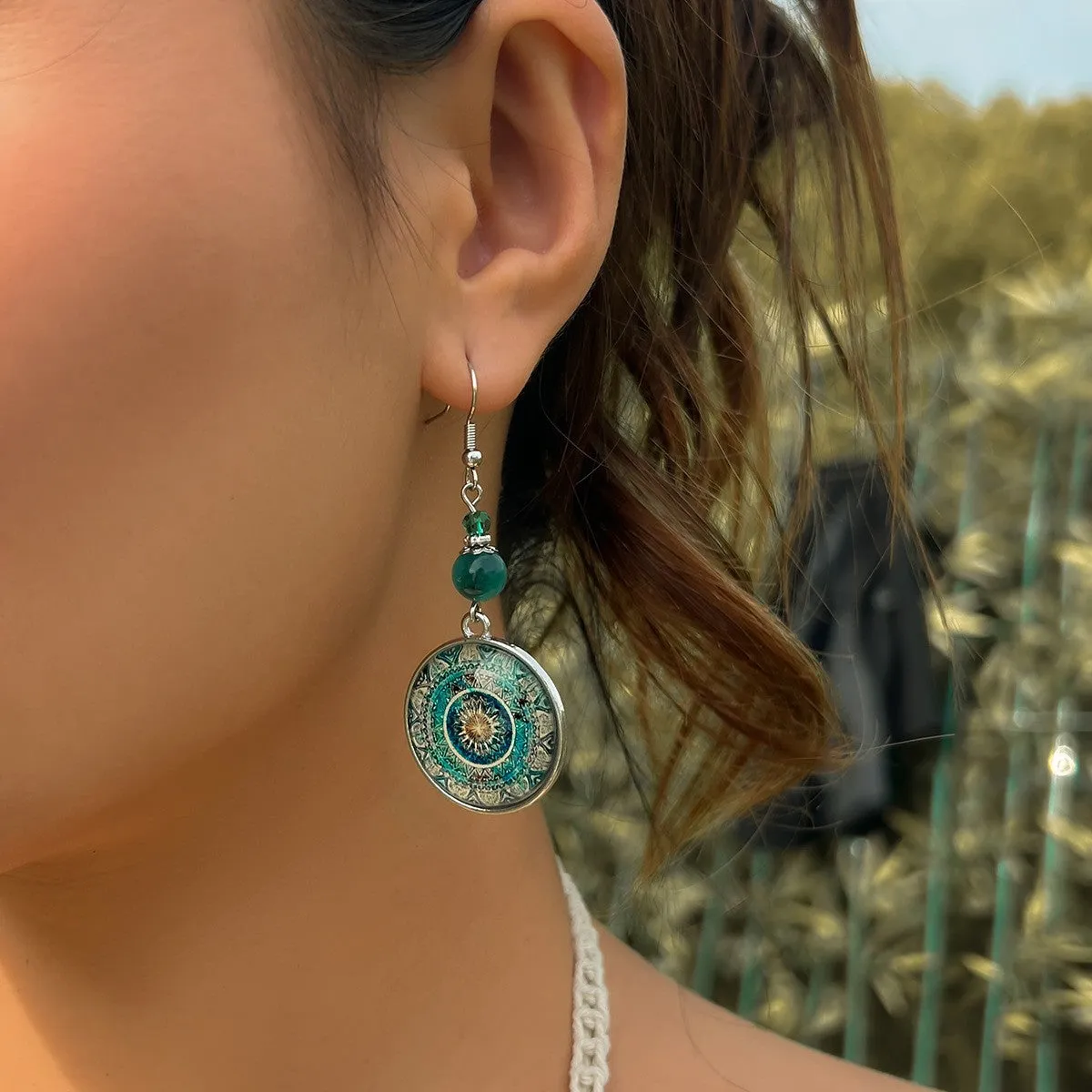 Wholesale retro mandala flower Time Gem ethnic style dream catcher long pendant earrings