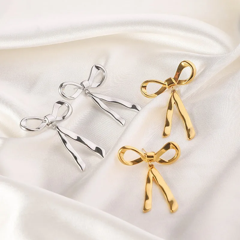 Wholesale Retro Mirror Three-dimensional Butterfly Bow Stainless Steel 18k Real Gold Titanium Steel Earrings