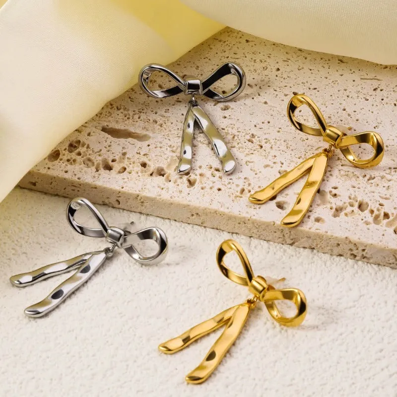 Wholesale Retro Mirror Three-dimensional Butterfly Bow Stainless Steel 18k Real Gold Titanium Steel Earrings
