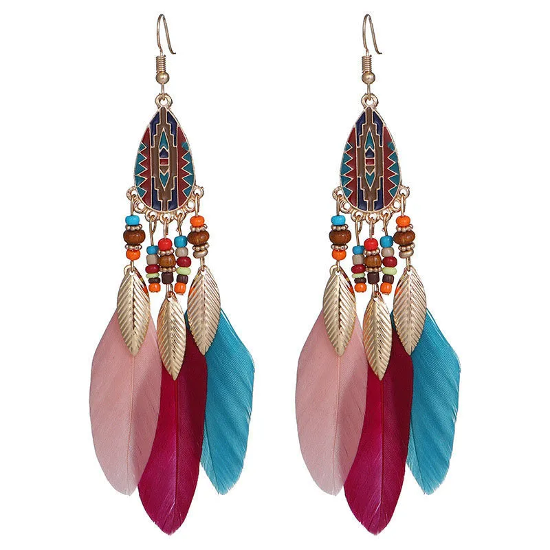 Wholesale Retro Pattern Long Rice Bead Tassel Earrings