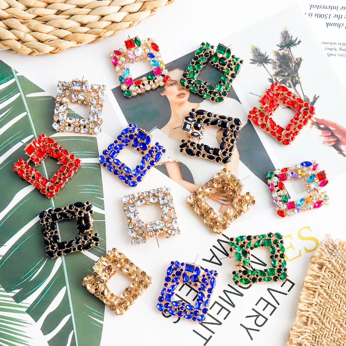 Wholesale Retro Square Gemstone Diamond Inlaid Alloy Earrings
